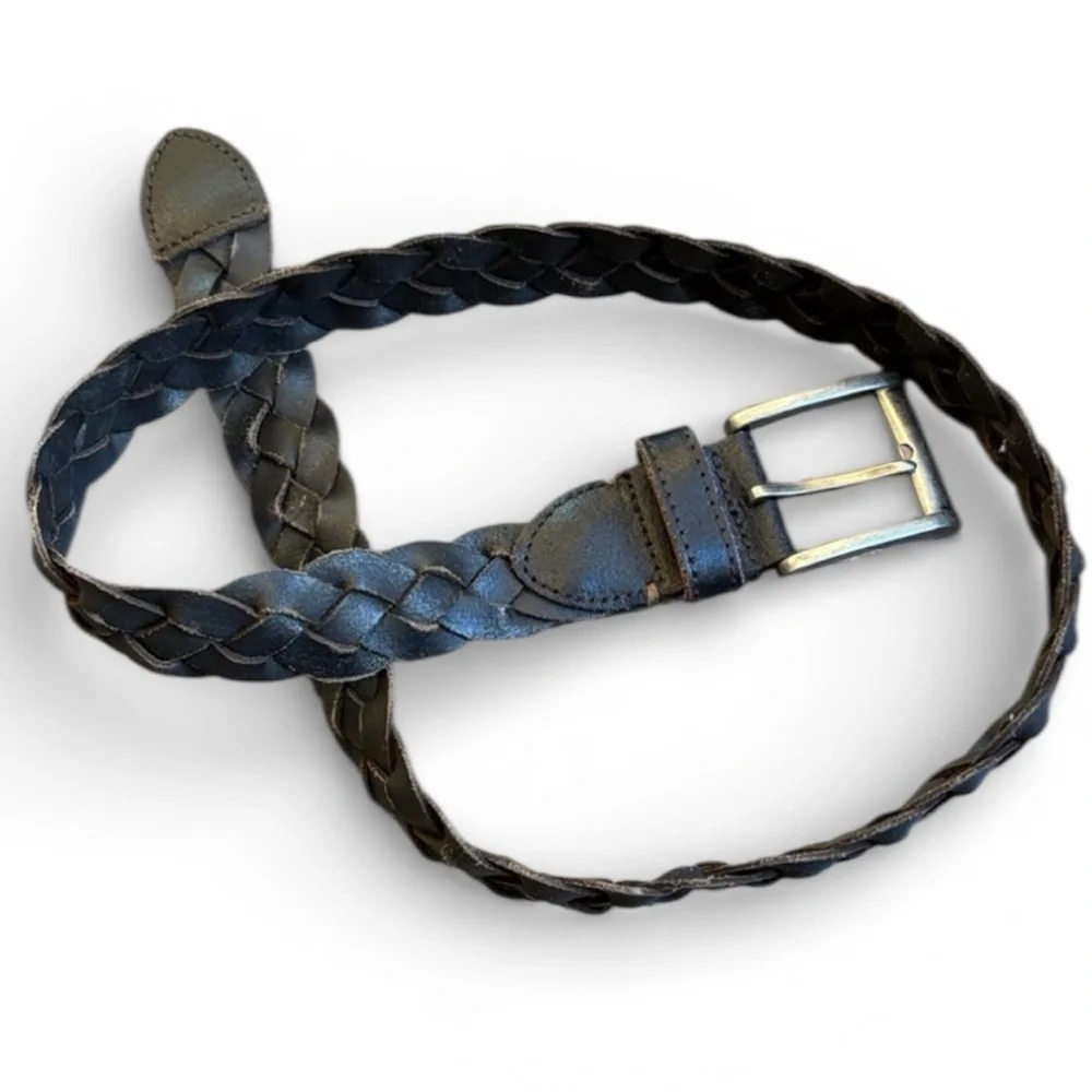 Men's Genuine Leather Braided Belt Dark Brown Distressed Silver Tone Buckle 41”